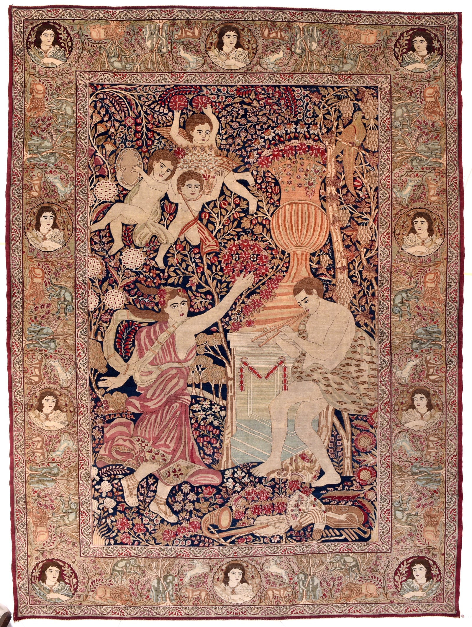 Antique Red Persian Kerman Pictorial Area Rug