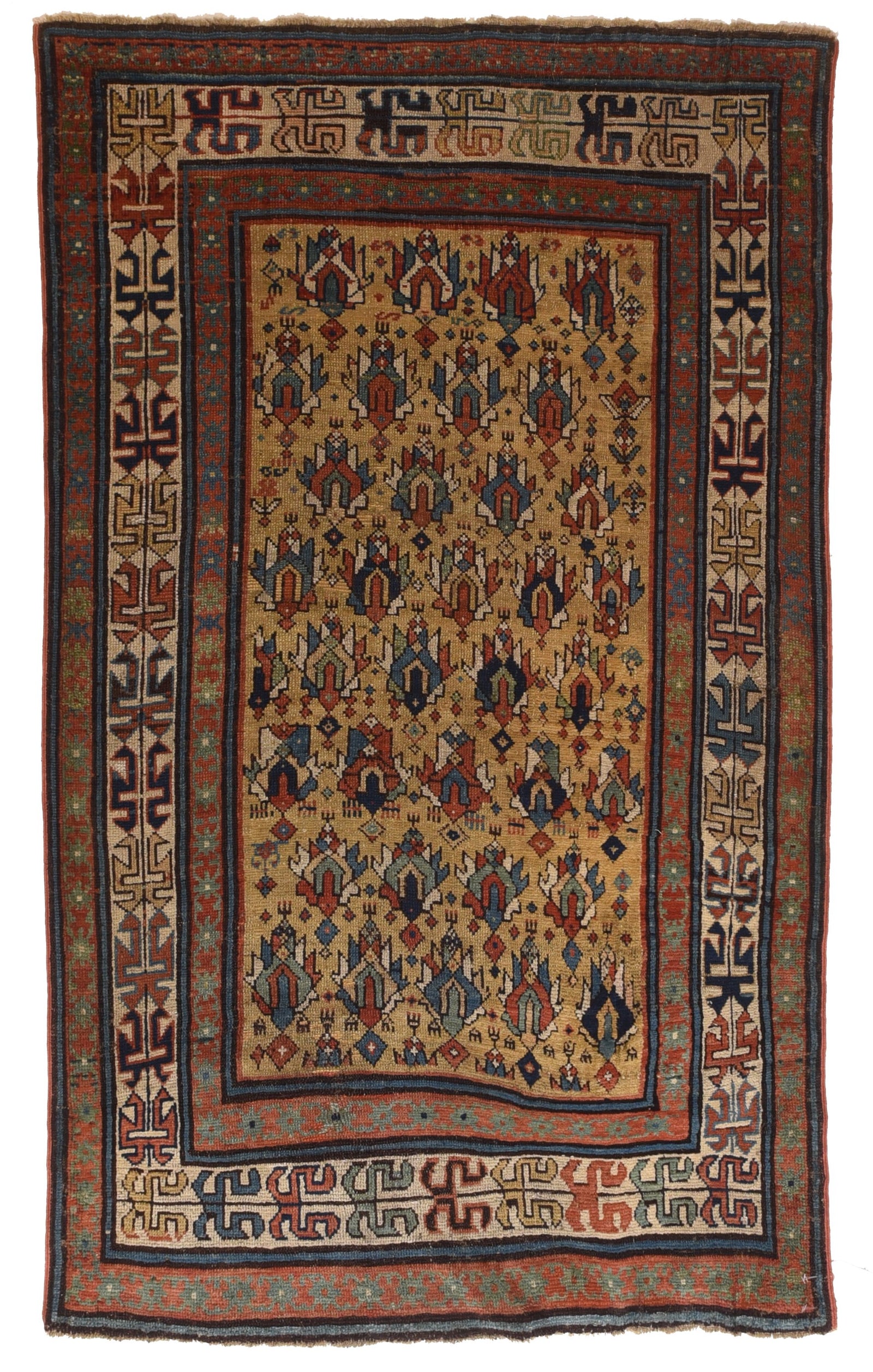 Antique Mustered Caucasian Russian Area Rug