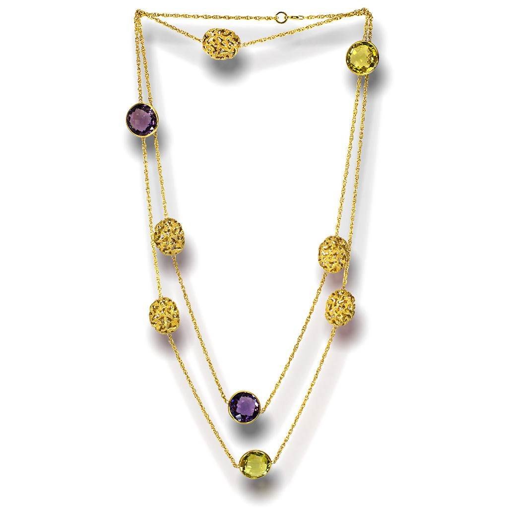 Lemon Citrine and Amethyst Moneta Necklace in 14 Karat Yellow Gold