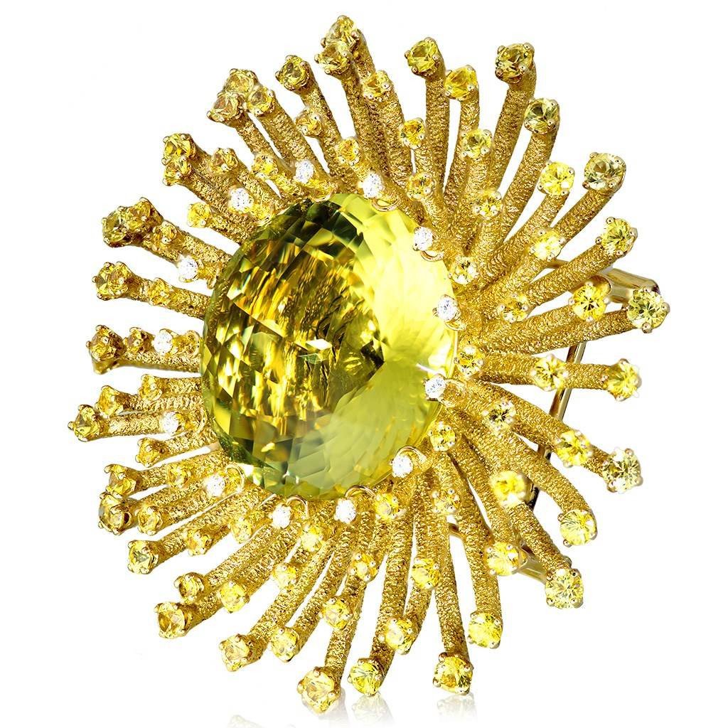 Lemon Quartz, Yellow Sapphires, and Diamond Astra Brooch in Yellow Gold