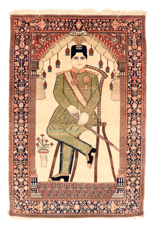 Antique Beige Kashan Mohtasham Persian Area Rug
