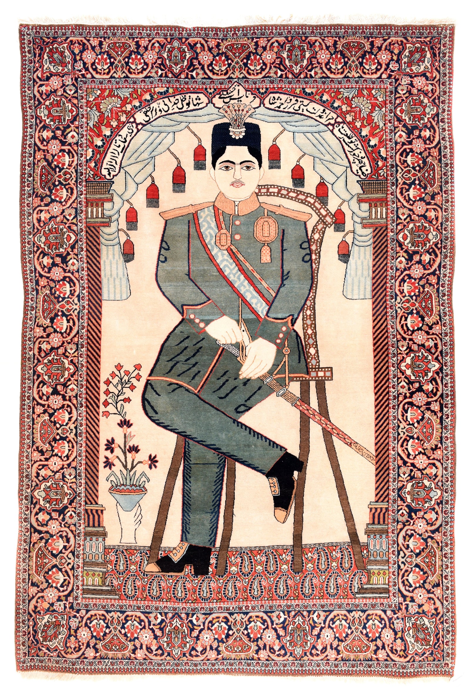 Antique Beige Persian Mohtasham Kashan Area Rug