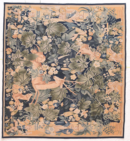 Vintage Green French Pictorial Tapestry Area Rug