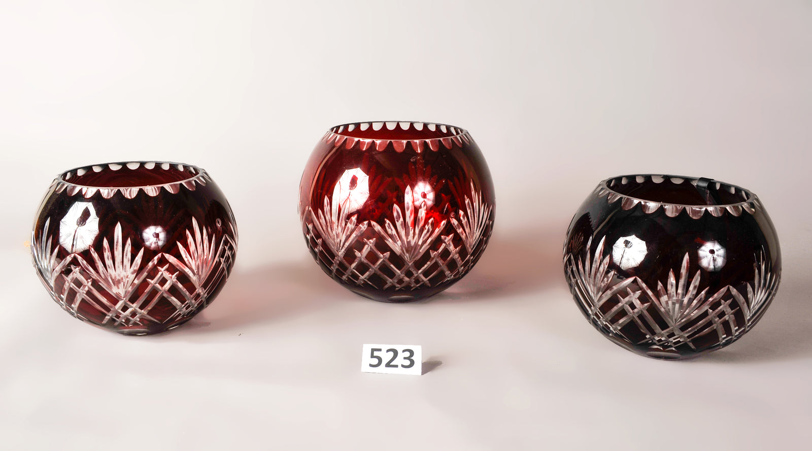 3 Bohemian Antique Red Crystal Cut Bowls