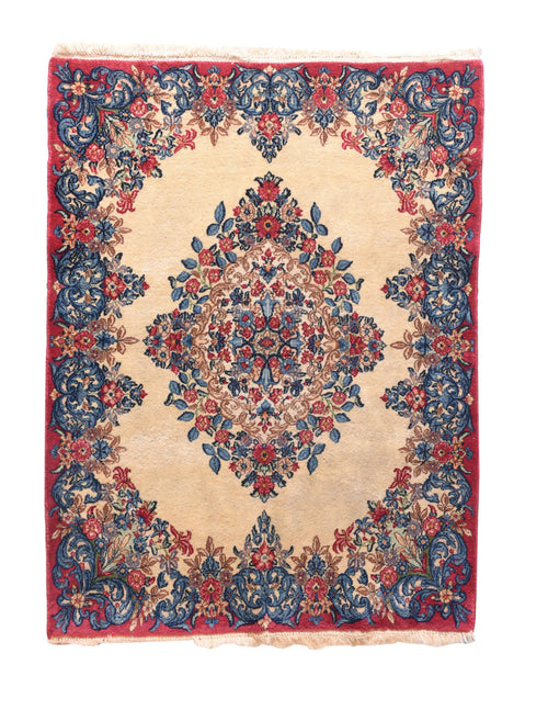 Semi Antique Ivory Persian Kerman Lavar Area Rug
