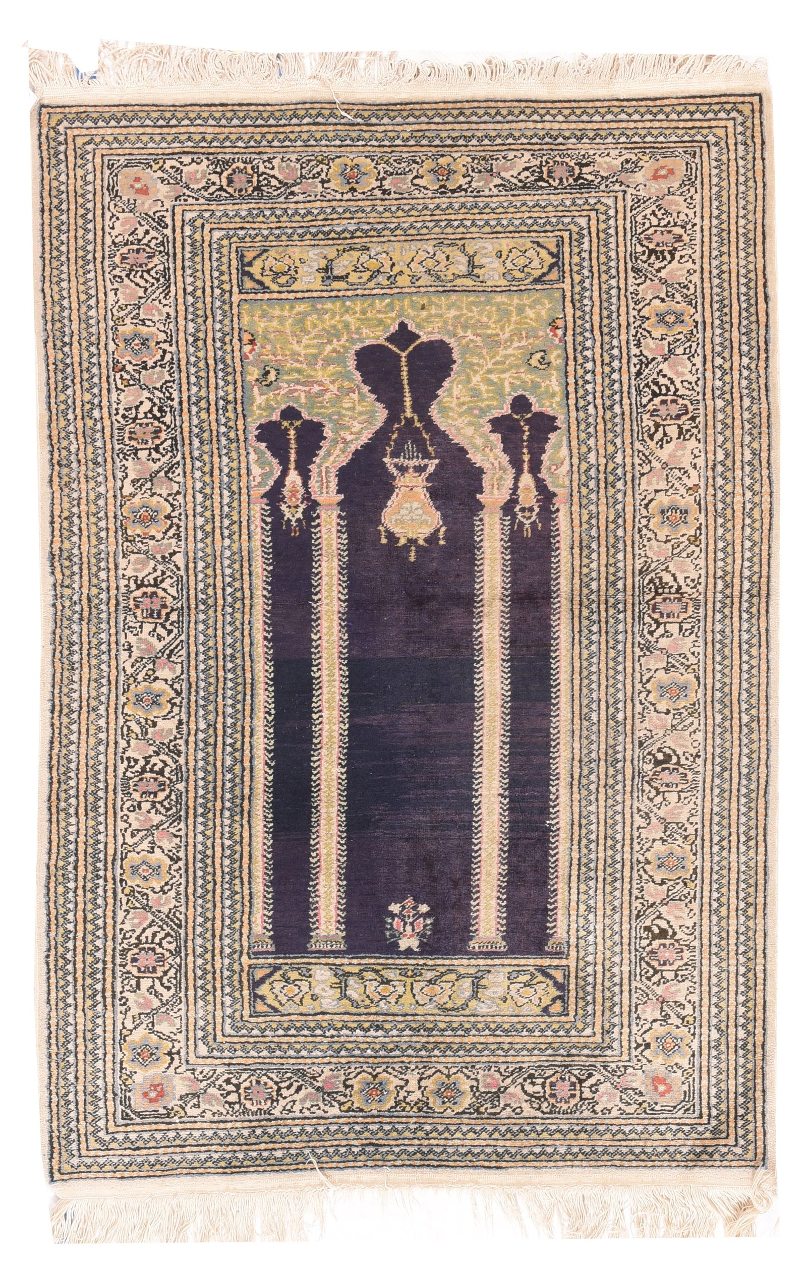 Semi Antique Green Pistachio Turkish Silk Prayer Area Rug