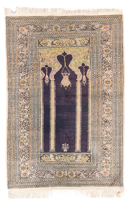 Semi Antique Green Pistachio Turkish Silk Prayer Area Rug