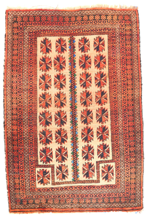 Semi Antique Ivory Persian Balouch, 3'2" X 4'2" Area Rug