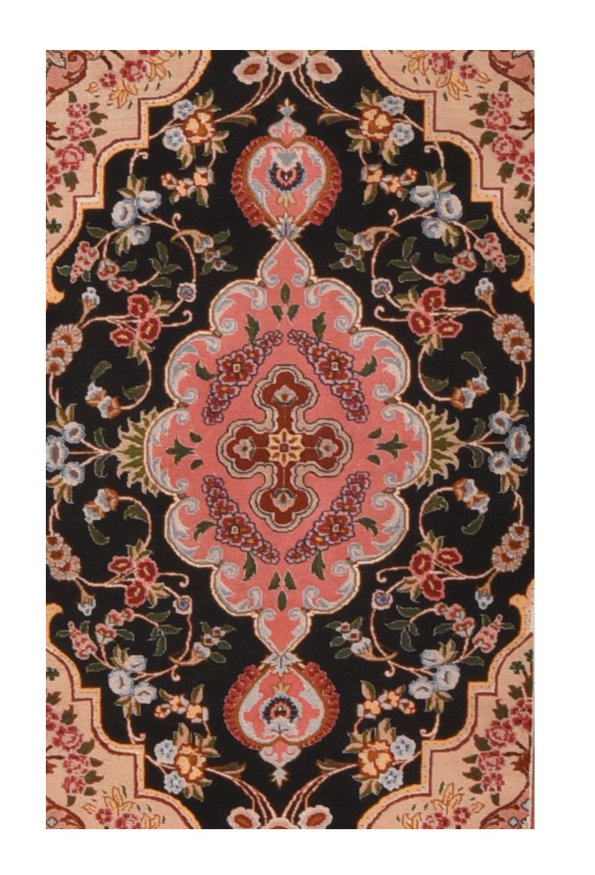 Excellent Fine Black Tabriz Persian Wool and Silk Area Rug