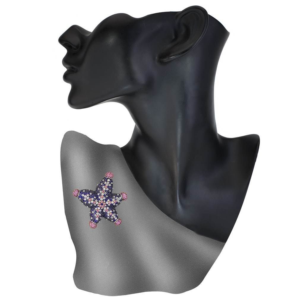 Diamond, Blue and Pink Sapphire Starfish Brooch in Rose and White Gold