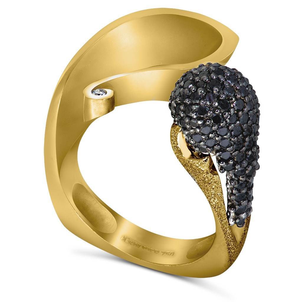 Black Diamonds and Yellow Gold Calla Ring