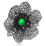 Green Agate, White Quartz Doublet with Black Spinel Coronaria Brooch Pendant in Blackened Silver
