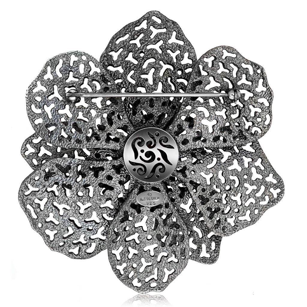 Green Agate, White Quartz Doublet with Black Spinel Coronaria Brooch Pendant in Blackened Silver