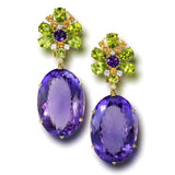 Amethyst, Peridot, Garnet and Diamond Blossom Drop Earrings in Yellow Gold