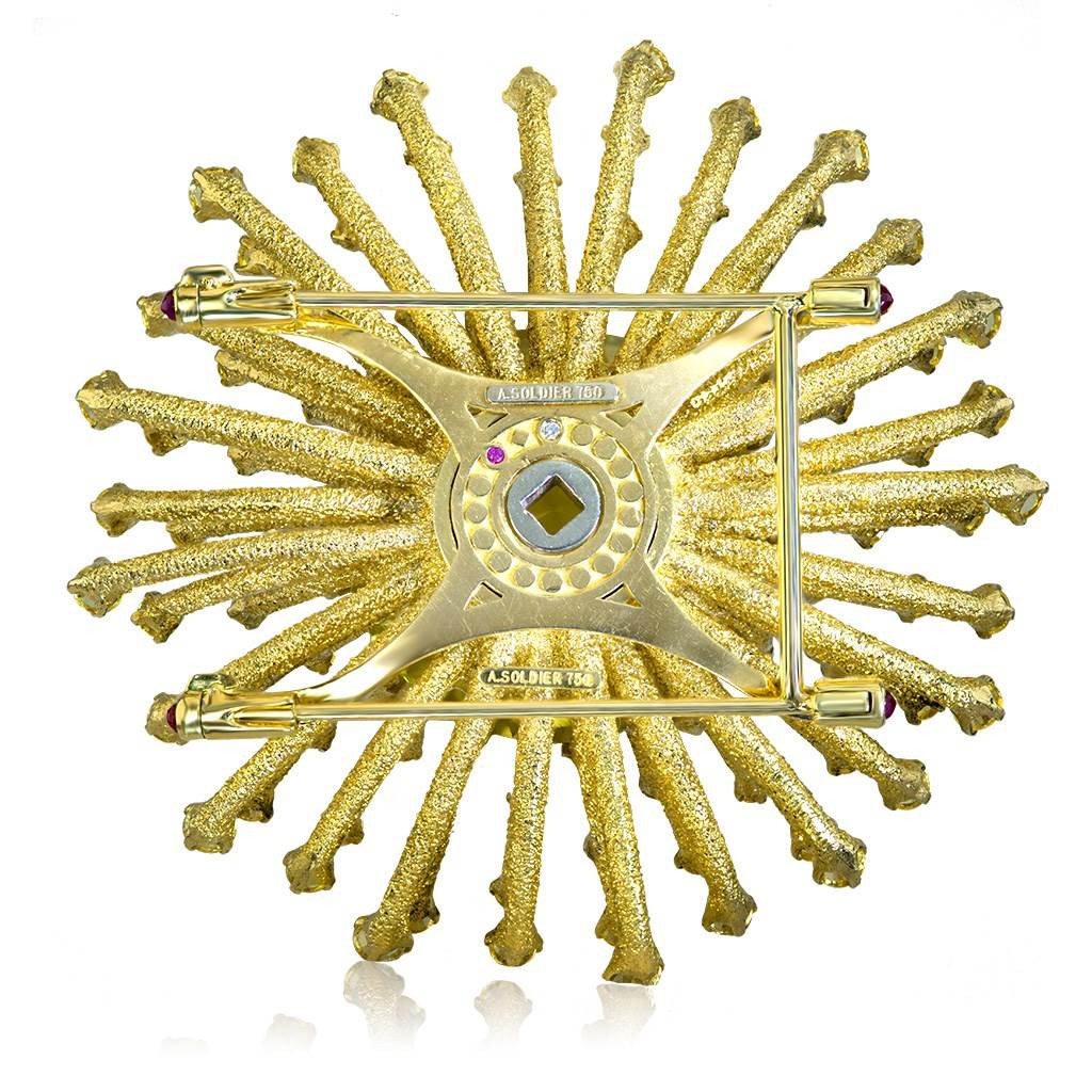 Lemon Quartz, Yellow Sapphires, and Diamond Astra Brooch in Yellow Gold