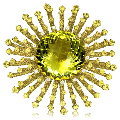 Lemon Quartz, Yellow Sapphires, and Diamond Astra Brooch in Yellow Gold